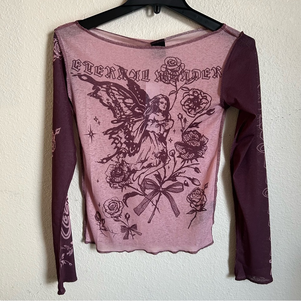 Romantic Fairy Boatneck Long Sleeve Raglan Baby Tee, Sheer Top in Womens Medium